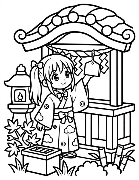 Wish Plaque Hang coloring page: A girl hangs a wish plaque at a shrine.