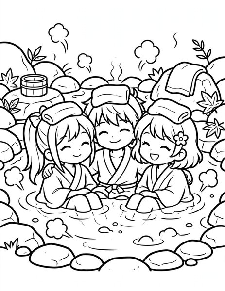 Onsen Relax coloring page: Friends relax in a steamy onsen.