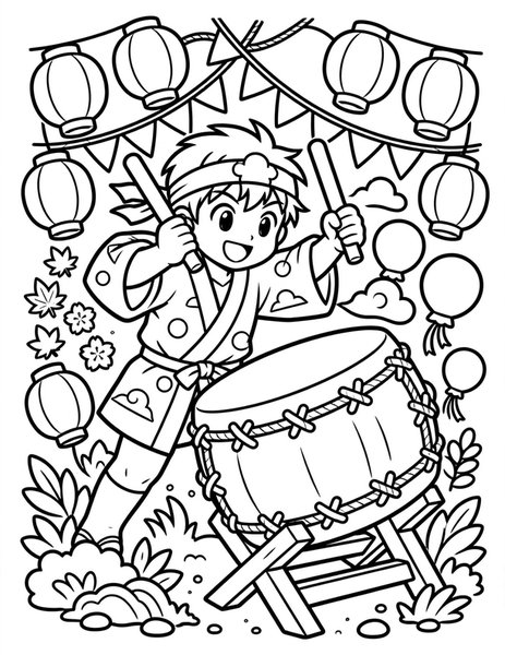 Taiko Boom coloring page: A kid pounds a big taiko drum.