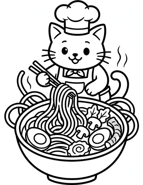 Cat Ramen Chef coloring page: A cat ramen chef twirls noodles high above a steaming bowl.