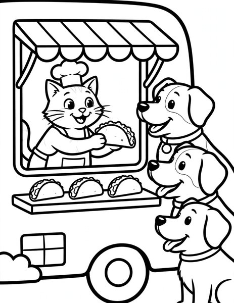 Cat Food Truck coloring page: A cat runs a taco food truck with a long line of hungry pups.