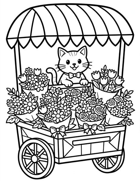 Cat Flower Cart coloring page: A cat sells bright bouquets from a flower cart on the corner.