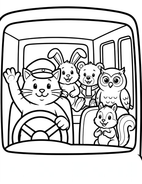 Cat Bus Driver coloring page: A cat bus driver waves hello as animal friends board the bus.