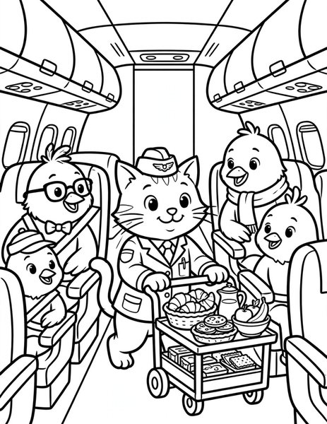 Cat Flight Attendant coloring page: A cat flight attendant serves snacks on a tiny airplane.