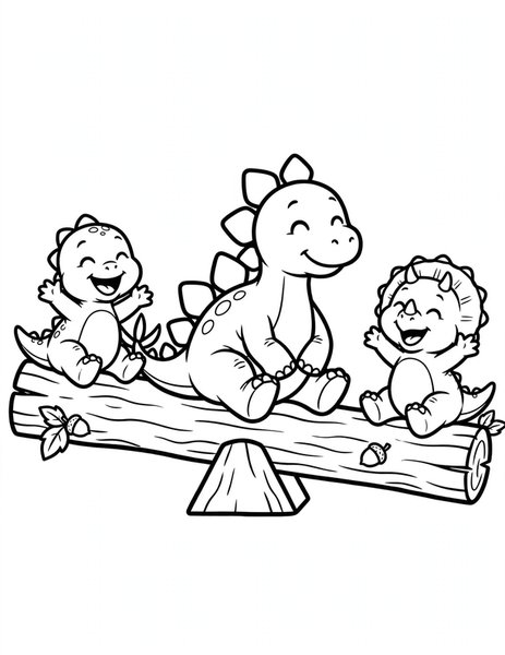 Stegosaurus Seesaw coloring page: A stegosaurus balances friends on a giant seesaw.