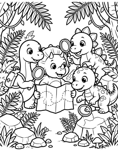 Dino Scavenger Hunt coloring page: Baby dinos follow a map to hidden treasure.