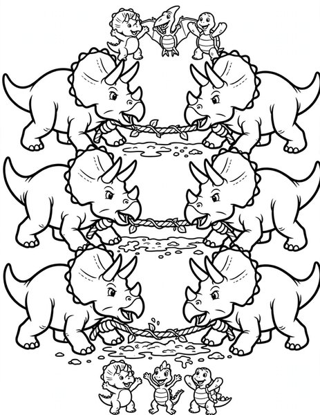 Triceratops Tug of War coloring page: Two triceratops teams pull in a mighty tug of war.
