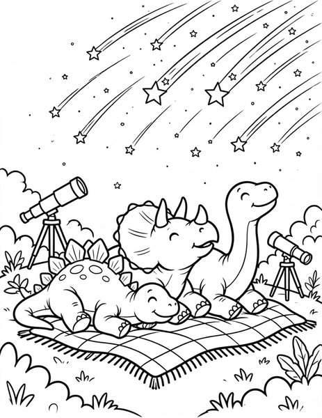 Dino Stargazing coloring page: Dinosaurs lie back to watch shooting stars.