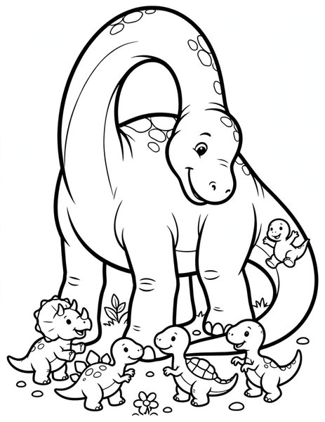 Brachiosaurus Babysitter coloring page: A gentle giant watches five playful babies.