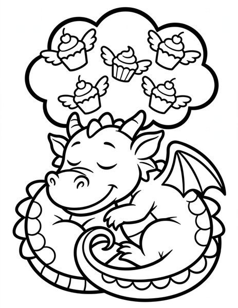 Dragon Dreams coloring page: A dragon dreams of flying cupcakes.