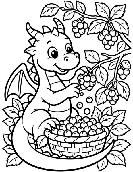 Berry Dragon coloring page: A dragon picks juicy berries into a basket.