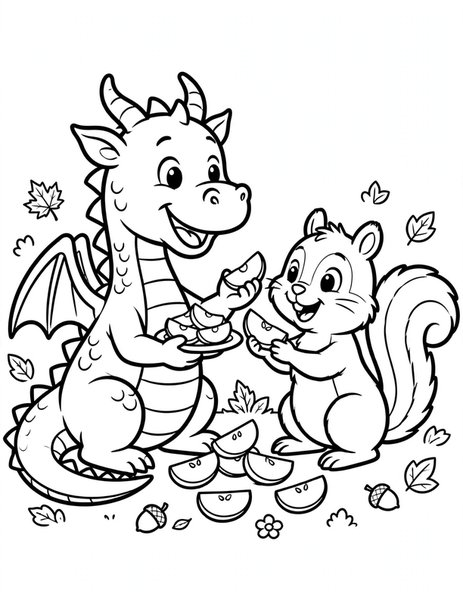 Apple Share coloring page: A dragon shares crunchy apple slices.
