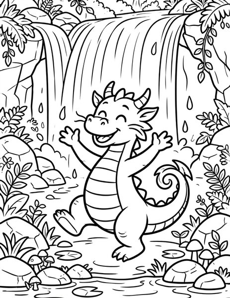 Waterfall Shower coloring page: A dragon dances under a gentle waterfall.