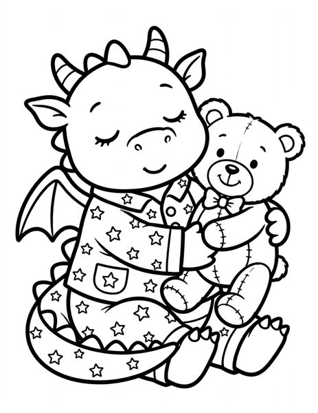 Pajama Dragon coloring page: A cozy dragon wears starry pajamas.