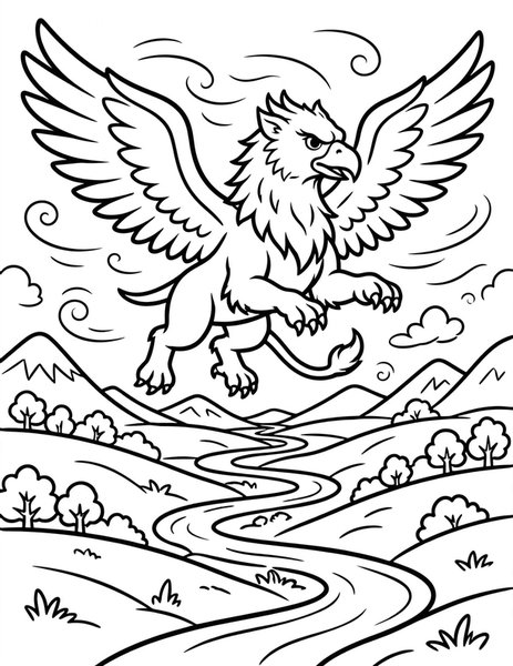 Griffin Glide coloring page: A griffin glides over valleys.