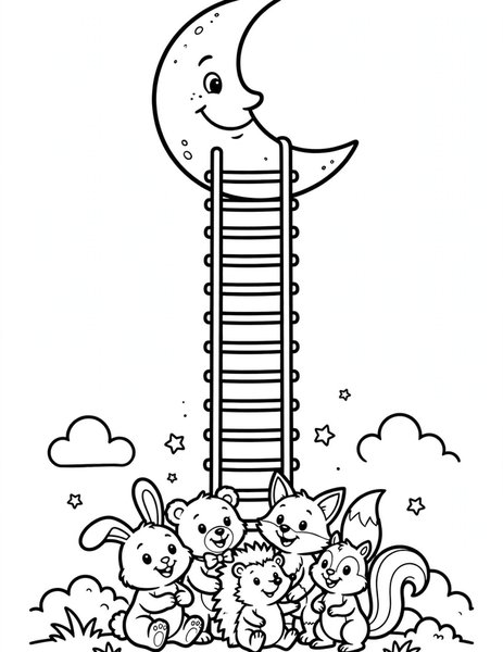 Moon Ladder coloring page: A ladder climbs to the moon.