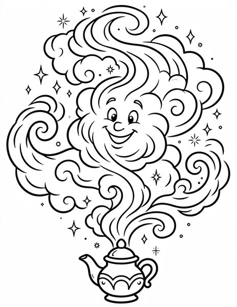Genie Lamp coloring page: A genie swirls from the lamp.