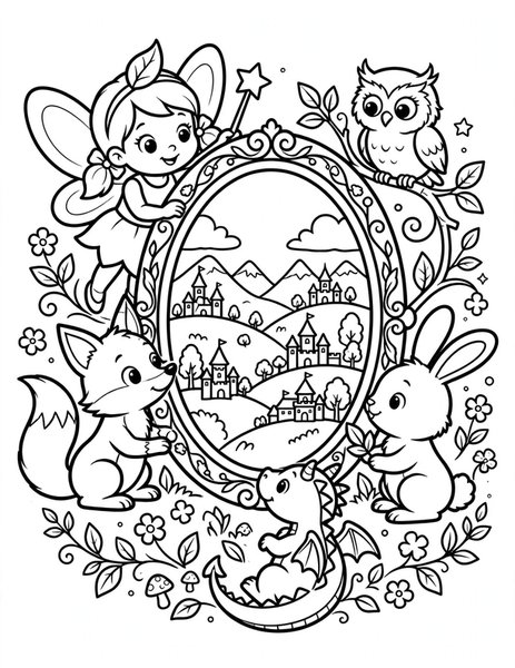 Magic Mirror coloring page: A mirror shows a faraway land.