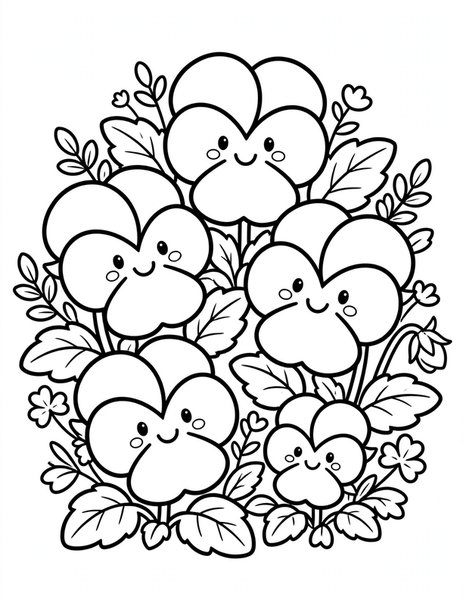 Pansy Patch coloring page: Pansies with painted faces in a patch.
