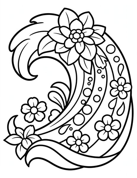 Detailed Flower Wave coloring page: A wave curling with flower petals.