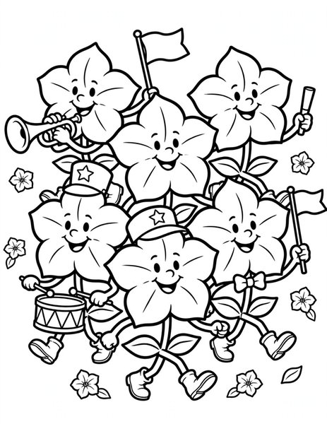 Petunia Parade coloring page: Petunias march in a flower parade.