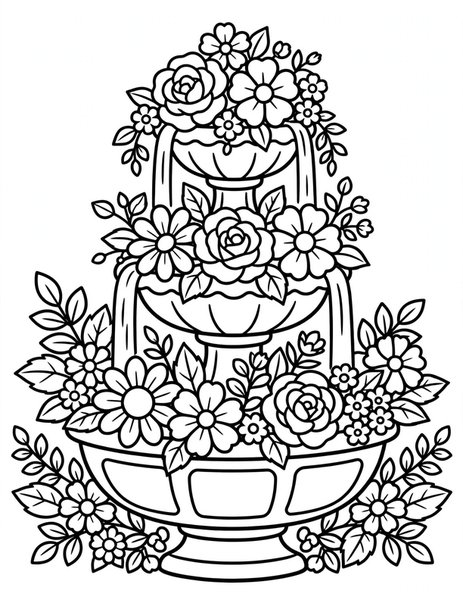 Detailed Flower Fountain coloring page: A tiered fountain of blossoms.