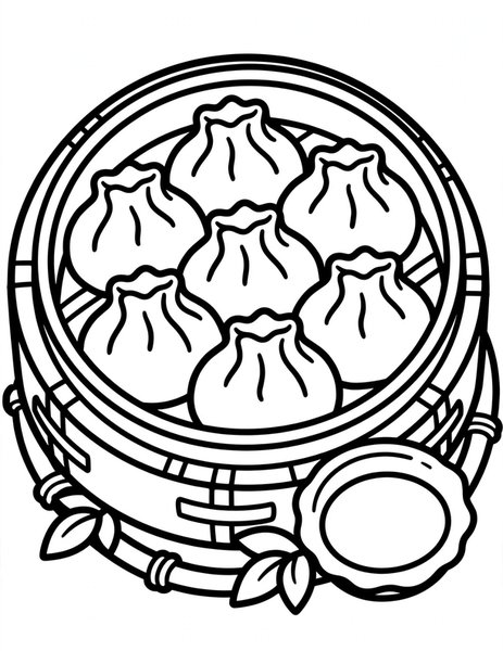 Dumplings coloring page: Steamed dumplings in a basket.