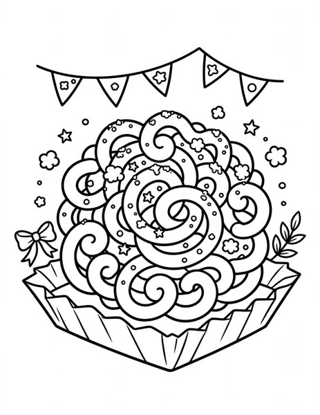 Funnel Cake coloring page: A swirly funnel cake with sugar.