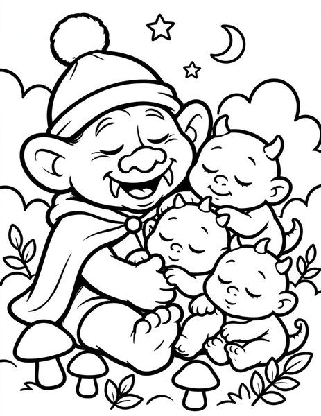 Troll Lullaby coloring page: A troll sings monsters to sleep.
