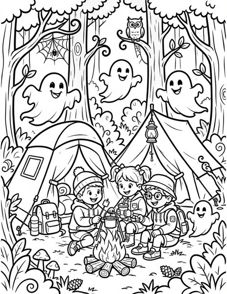 Spooky Campout coloring page: Camping with friendly forest ghosts.