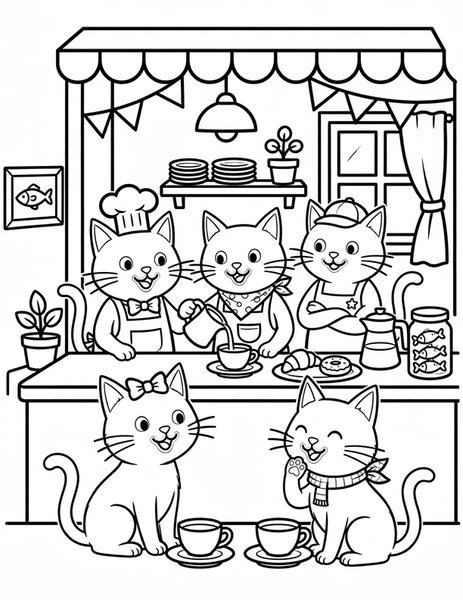 Black Cat Cafe coloring page: Milk and naps, served by black cats.