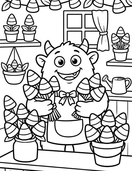 Monster Florist coloring page: A cheerful monster arranges bouquets of candy corn flowers.