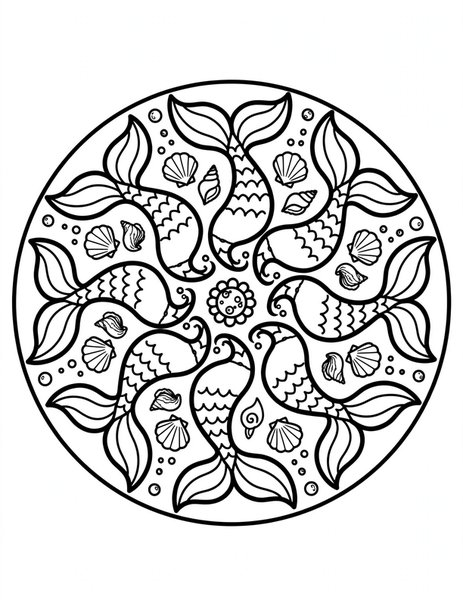 Mermaid Tail Mandala coloring page: Scaly tails swirl like waves.
