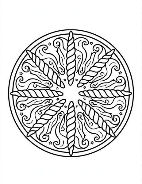 Unicorn Horn Mandala coloring page: Spiral horns ring a starry center.