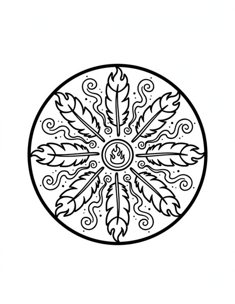 Phoenix Feather Mandala coloring page: Flame feathers rise in rings.