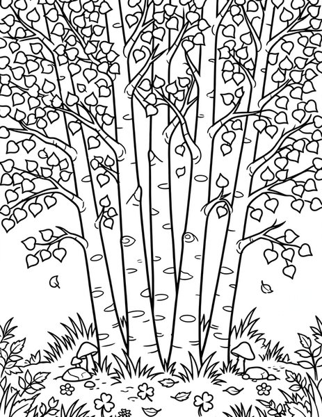Aspen Grove coloring page: White-barked aspens shimmer with round golden leaves.