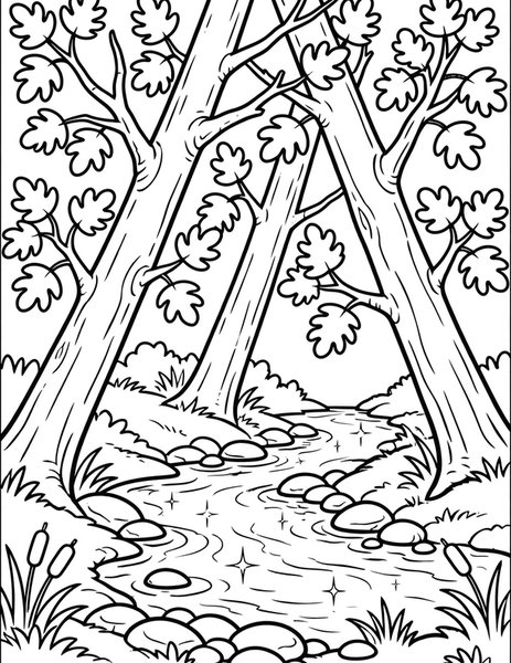 Cottonwood Creek coloring page: Cottonwoods lean over a sparkling creek full of smooth stones.