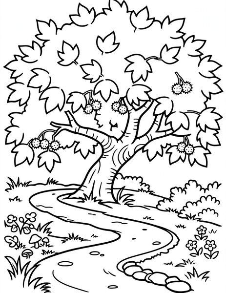 Sycamore Shade coloring page: A broad sycamore shades a winding country path.