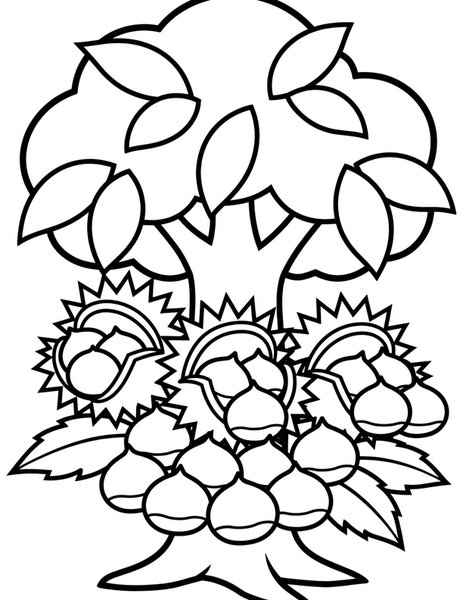 Chestnut Harvest coloring page: Shiny chestnuts spill from their spiky shells under the tree.