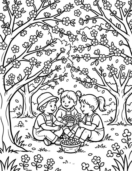 Almond Blossom coloring page: Delicate almond blossoms cover the orchard in pale pink.