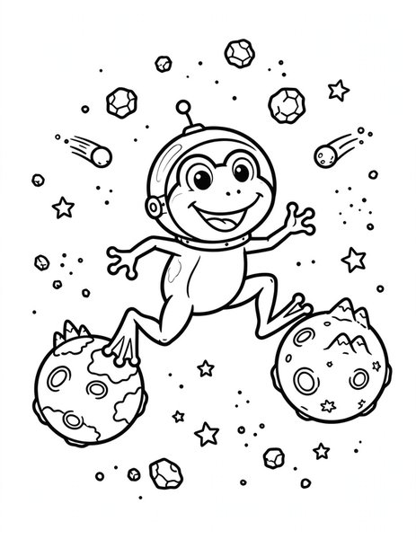 Planet Hopper coloring page: A frog hops from planet to planet.
