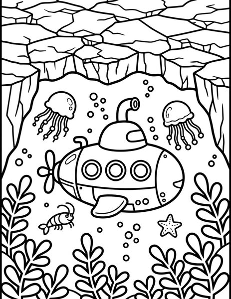 Space Submarine coloring page: A submarine explores an ocean under Europa's ice.