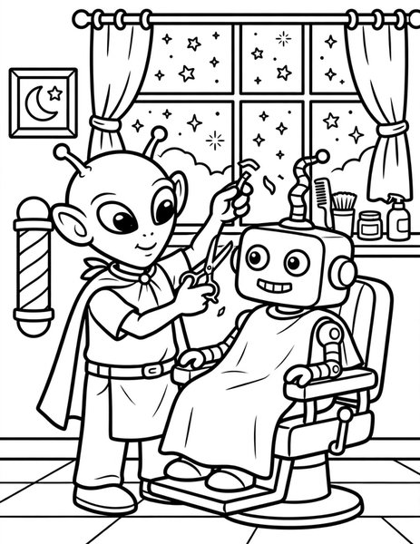 Alien Barbershop coloring page: An alien barber trims a robot's antenna.