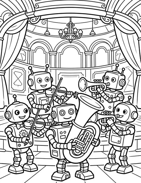 Robot Orchestra coloring page: Robots play violins, trumpets, and tubas.