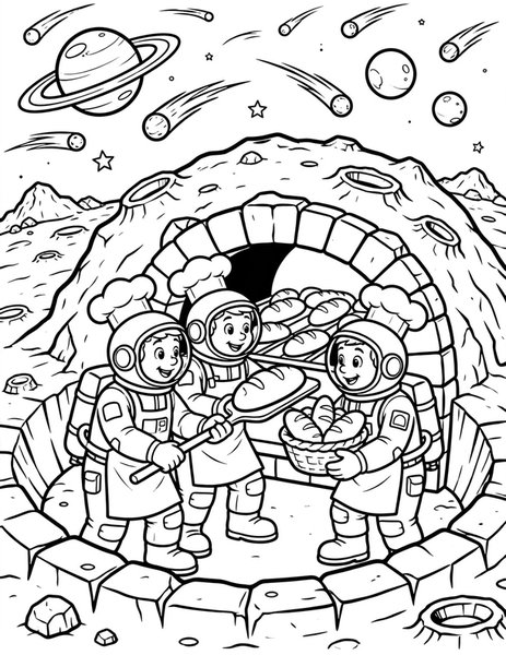 Moon Bakery coloring page: Astronauts bake bread in a moon crater oven.