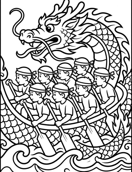 Dragon Boat coloring page: Twenty paddlers drum and drive their dragon boat forward.