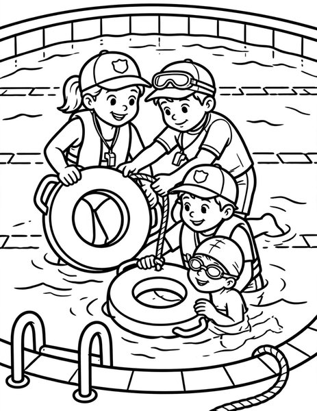Lifeguard Drill coloring page: Junior lifeguards practice rescues with buoys in the pool.