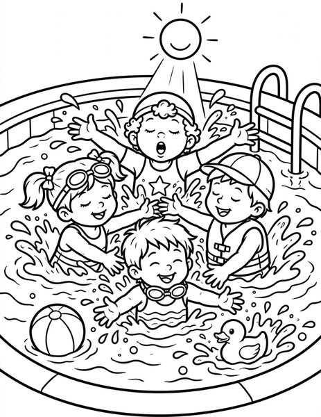 Marco Polo coloring page: Kids play Marco Polo, splashing and giggling in the pool.