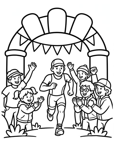 Triathlon Finish coloring page: An athlete sprints the final meters of a triathlon to the cheering crowd.