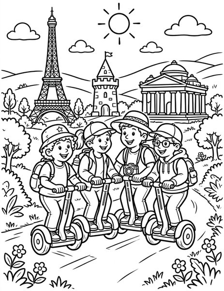 Segway Tour coloring page: Tourists glide on segways past monuments.
